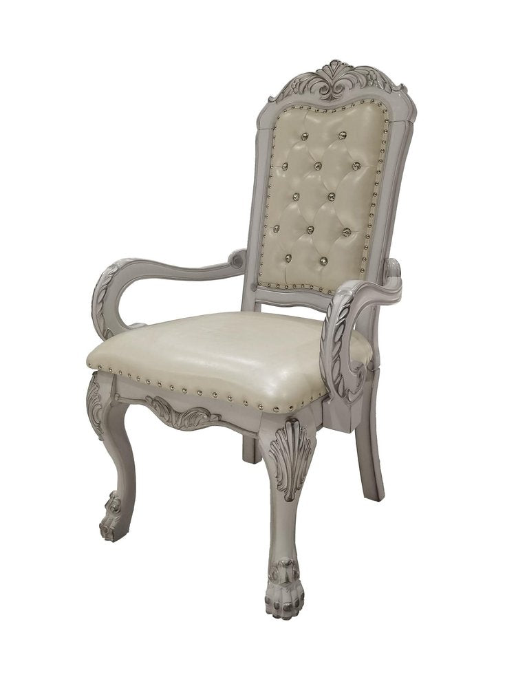 Set of Two Tufted White Upholstered Faux Leather And Wood Dining Arm Chairs HomeRoots