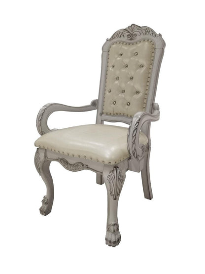 Set of Two Tufted White Upholstered Faux Leather And Wood Dining Arm Chairs HomeRoots