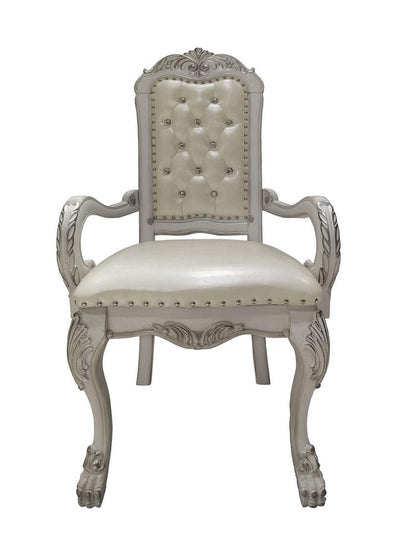 Set of Two Tufted White Upholstered Faux Leather And Wood Dining Arm Chairs HomeRoots