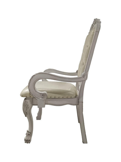 Set of Two Tufted White Upholstered Faux Leather And Wood Dining Arm Chairs HomeRoots