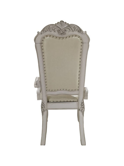 Set of Two Tufted White Upholstered Faux Leather And Wood Dining Arm Chairs HomeRoots