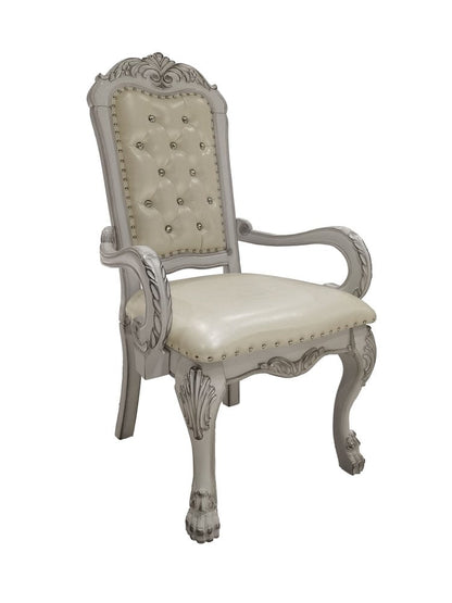 Set of Two Tufted White Upholstered Faux Leather And Wood Dining Arm Chairs HomeRoots