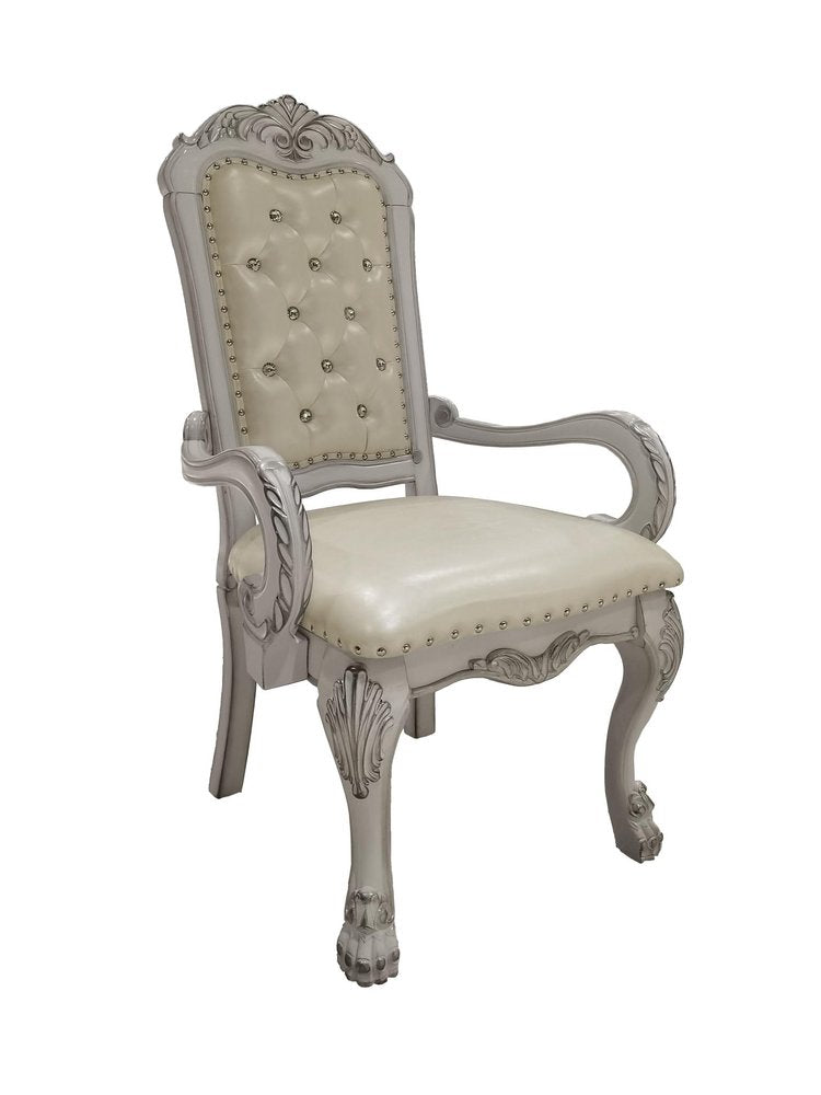 Set of Two Tufted White Upholstered Faux Leather And Wood Dining Arm Chairs HomeRoots