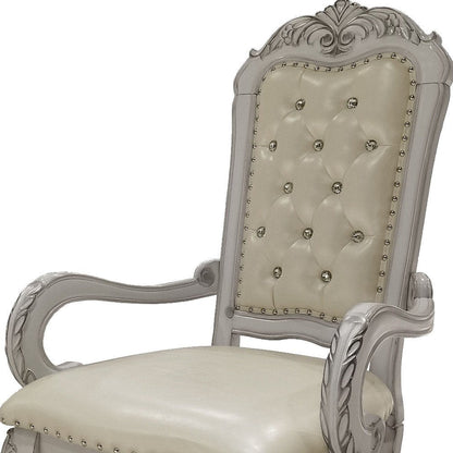 Set of Two Tufted White Upholstered Faux Leather And Wood Dining Arm Chairs HomeRoots