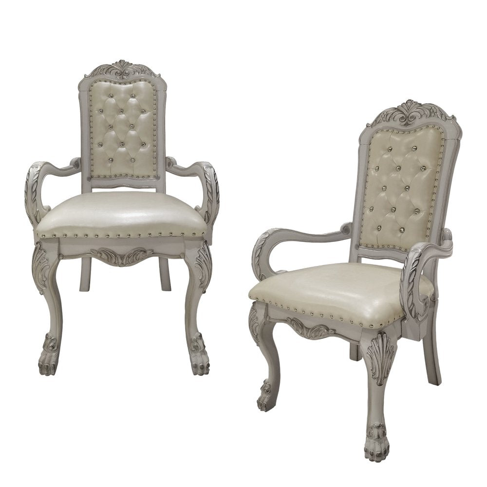 Set of Two Tufted White Upholstered Faux Leather And Wood Dining Arm Chairs HomeRoots