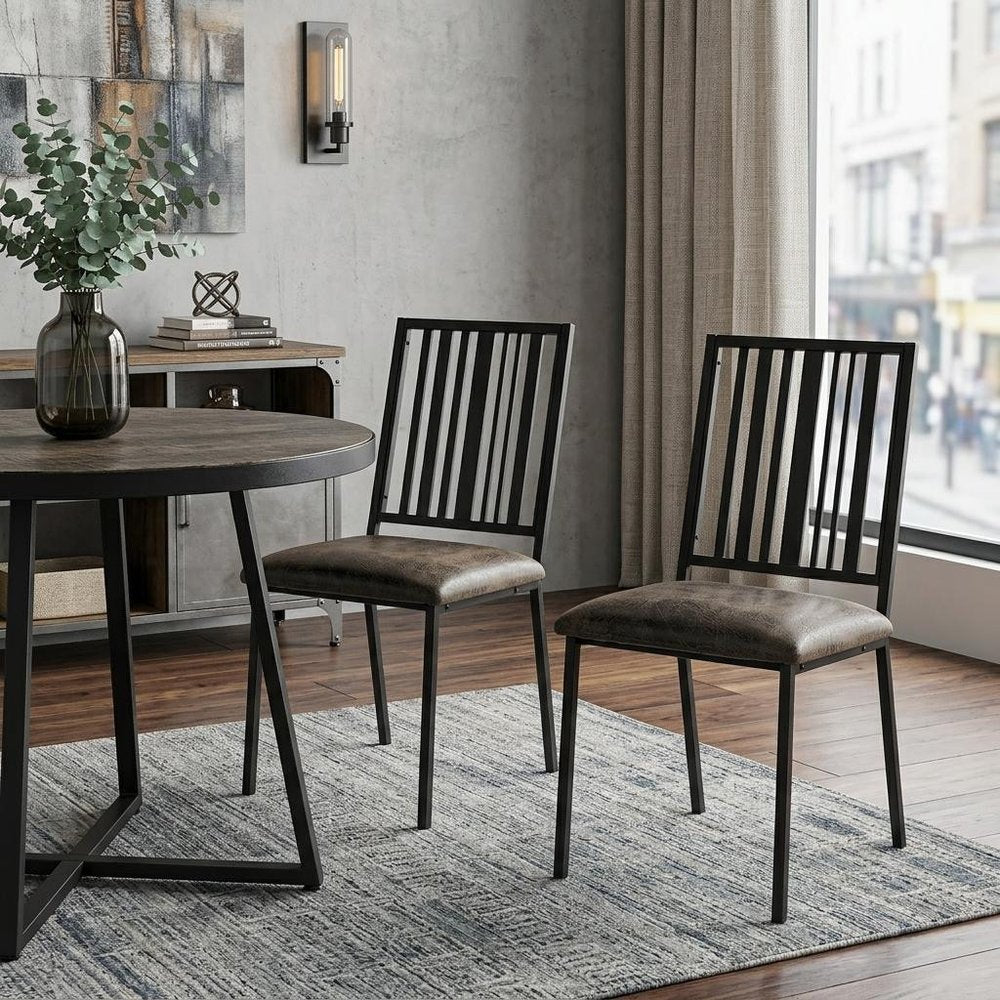 Set of Two Black Faux Leather And Metal Slat Back Dining Side Chairs — view 10