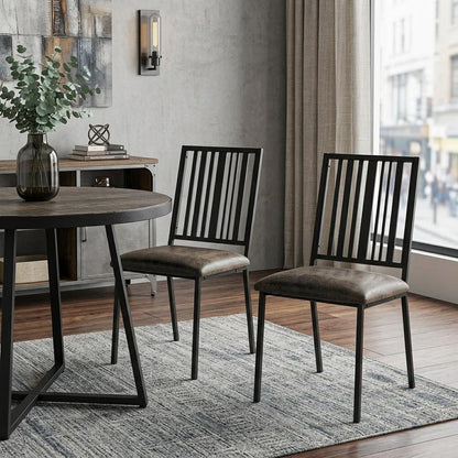 Set of Two Black Faux Leather And Metal Slat Back Dining Side Chairs