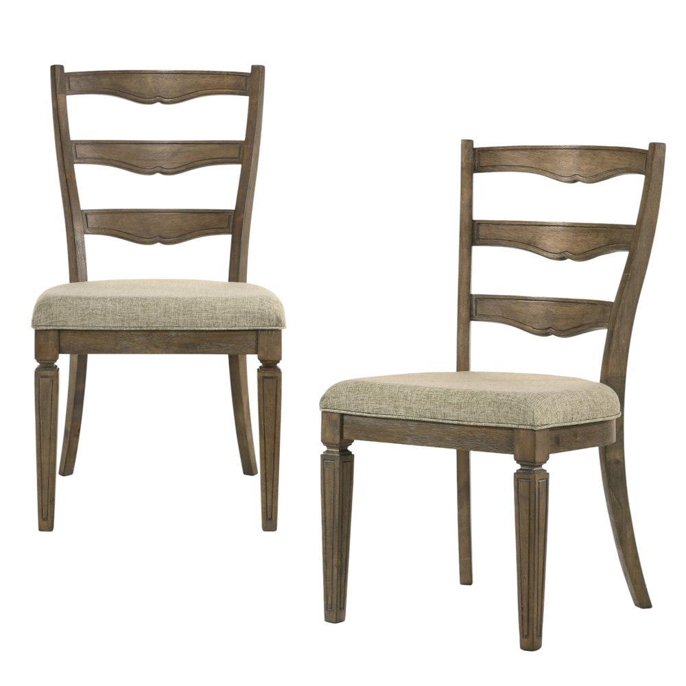 Set of Two Beige And Oak Fabric And Solid Wood Ladder Back Dining Side Chairs — view 9