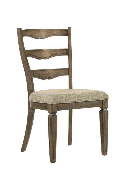 Set of Two Beige And Oak Fabric And Solid Wood Ladder Back Dining Side Chairs