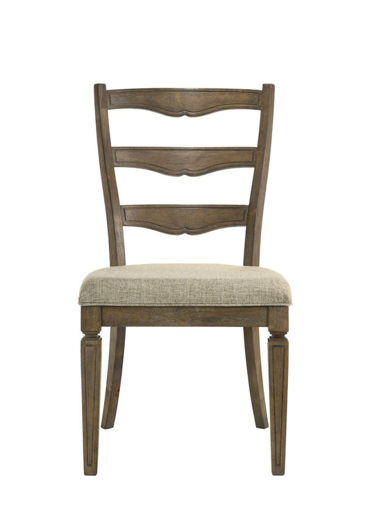 Set of Two Beige And Oak Fabric And Solid Wood Ladder Back Dining Side Chairs