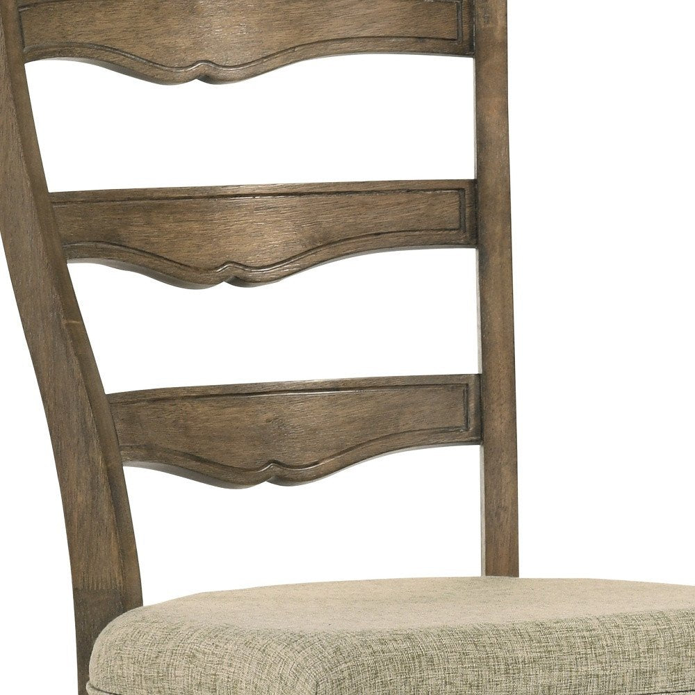 Set of Two Beige And Oak Fabric And Solid Wood Ladder Back Dining Side Chairs — view 6