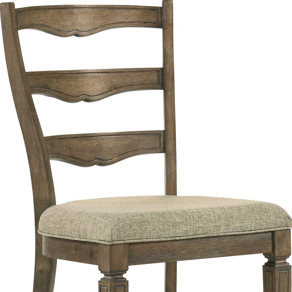 Set of Two Beige And Oak Fabric And Solid Wood Ladder Back Dining Side Chairs HomeRoots