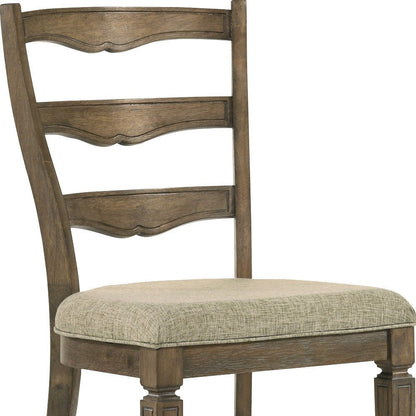 Set of Two Beige And Oak Fabric And Solid Wood Ladder Back Dining Side Chairs