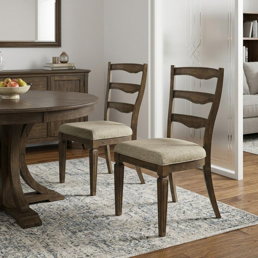 Set of Two Beige And Oak Fabric And Solid Wood Ladder Back Dining Side Chairs — view 10