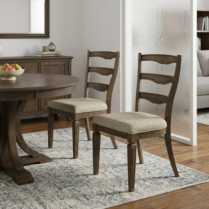 Set of Two Beige And Oak Fabric And Solid Wood Ladder Back Dining Side Chairs HomeRoots