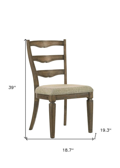 Set of Two Beige And Oak Fabric And Solid Wood Ladder Back Dining Side Chairs