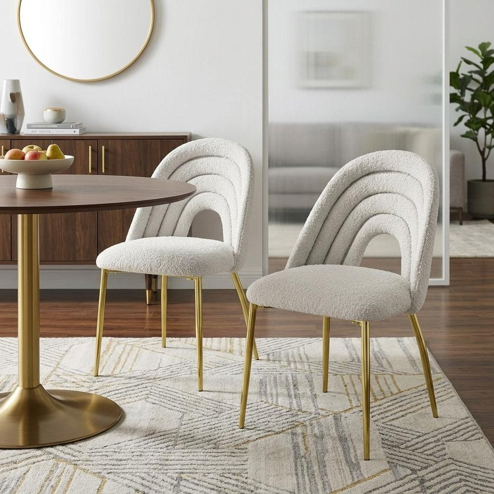Set of Two Beige and Gold Fabric Dining Side Chairs HomeRoots
