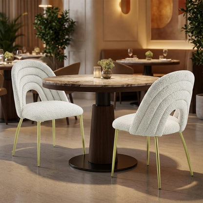 Set of Two Beige And Gold Faux Shearling And Steel Partially Open Back Dining Side Chairs HomeRoots