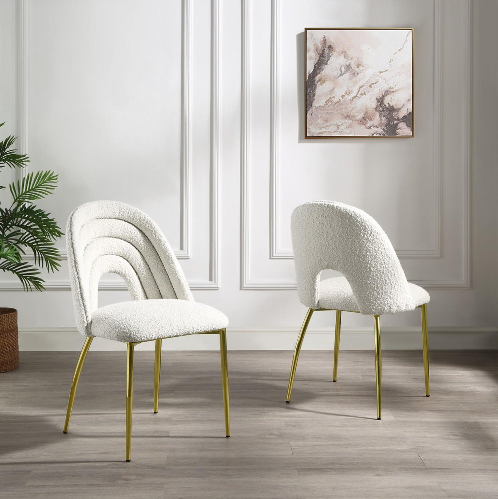 Set of Two Beige and Gold Fabric Dining Side Chairs HomeRoots