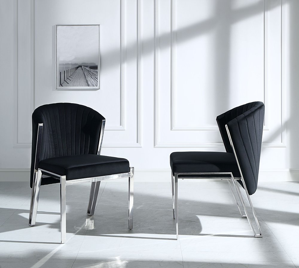 Set of Two Black and Silver Velvet Wing Back Dining Side Chairs HomeRoots
