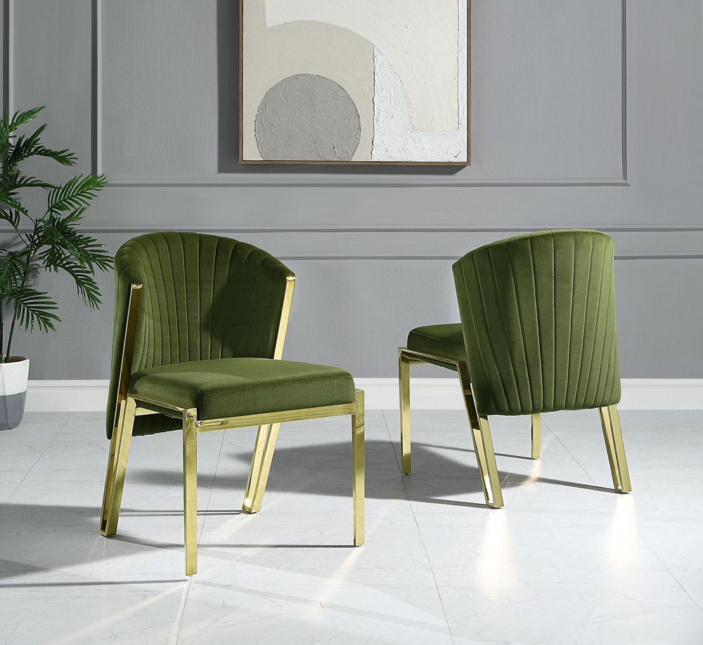 Set of Two Green and Gold Upholstered Velvet And Steel Wing Back Dining Side Chairs HomeRoots