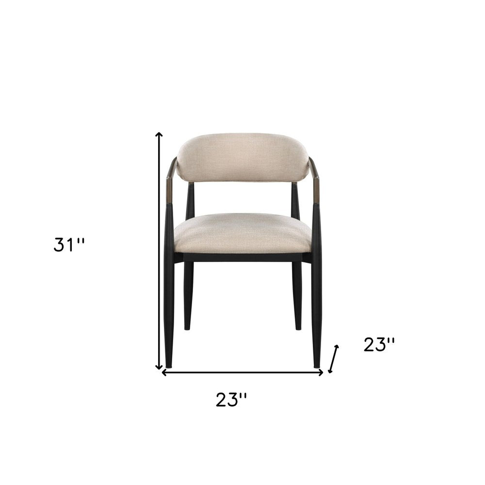 Set of Two Beige And Black Upholstered Fabric Open Back Dining Arm Chairs HomeRoots