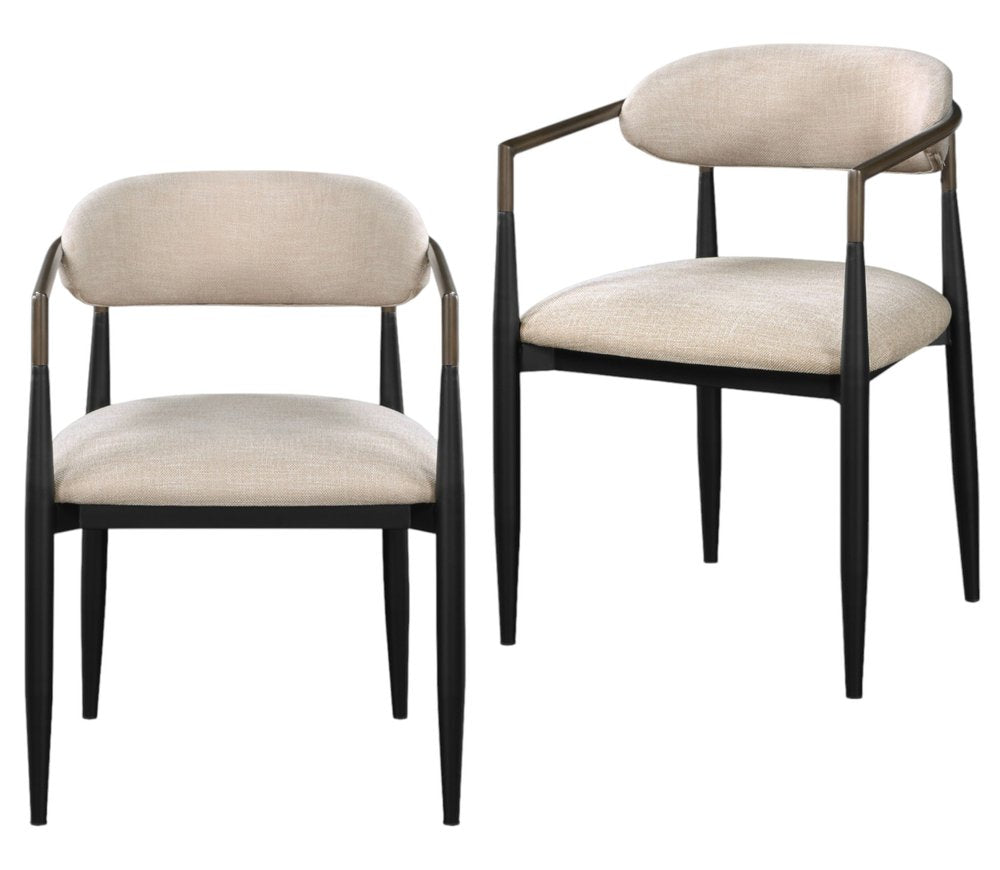 Set of Two Beige And Black Upholstered Fabric Open Back Dining Arm Chairs HomeRoots
