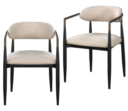 Set of Two Beige And Black Upholstered Fabric Open Back Dining Arm Chairs HomeRoots
