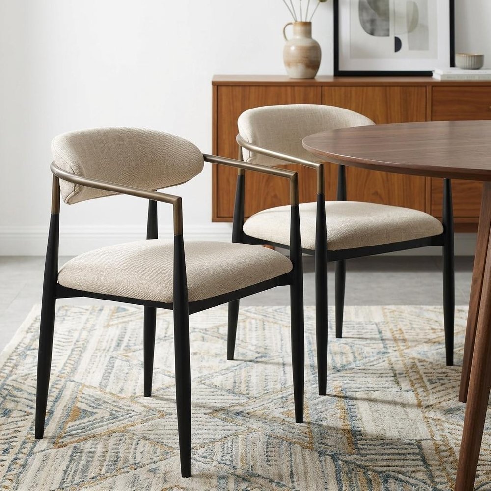 Set of Two Beige And Black Upholstered Fabric Open Back Dining Arm Chairs HomeRoots