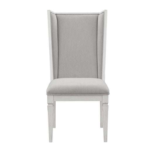 Set of Two Light Gray And White Linen And Solid Wood Dining Side Chairs