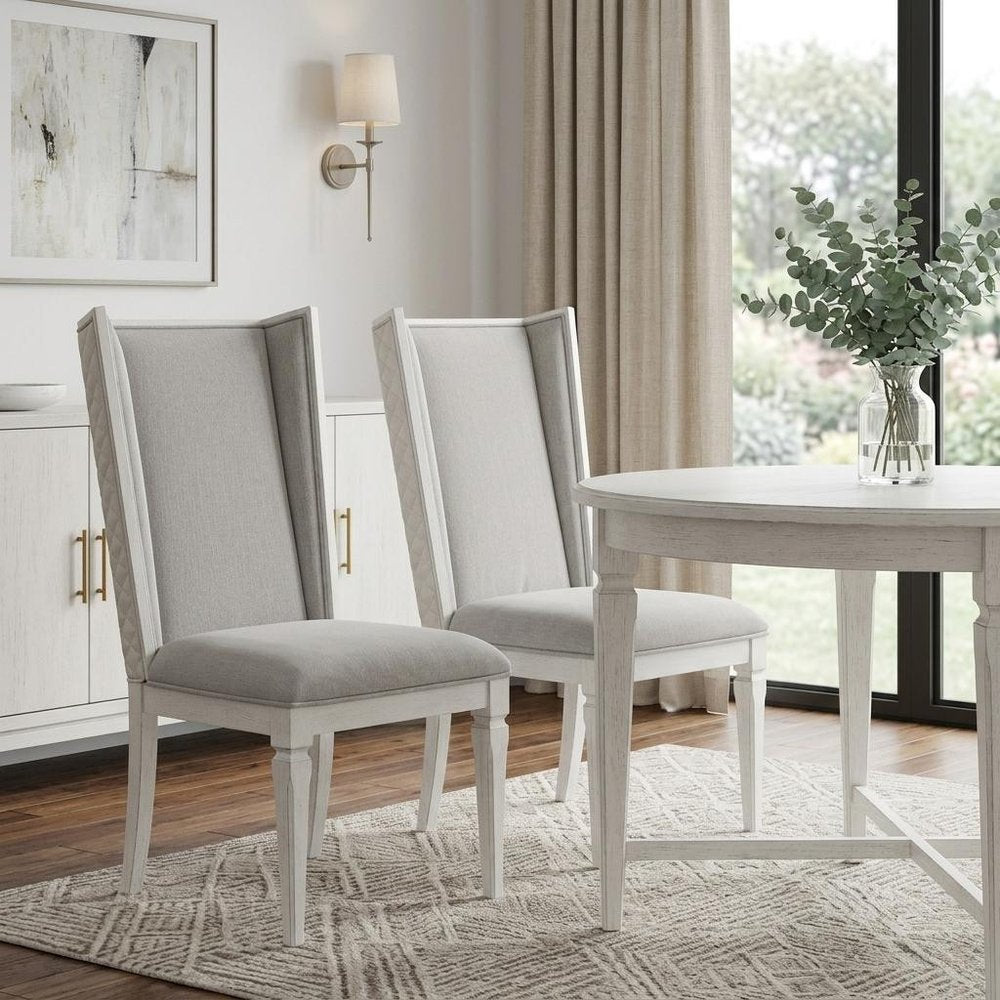 Set of Two Light Gray and White Linen Open Back Dining Side Chairs HomeRoots