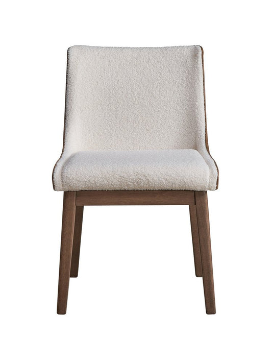 Set of Two White Brown And Walnut Boucle And Velvet And Solid Wood Dining Side Chairs