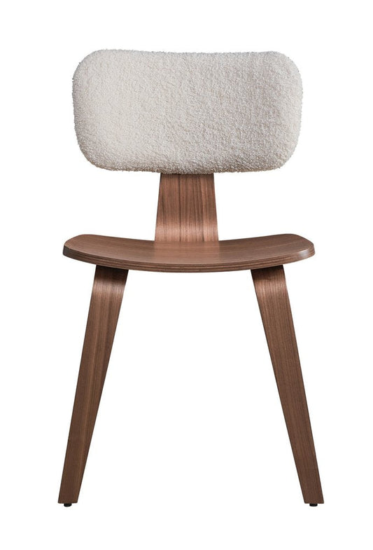 Set of Two Walnut And White Boucle And Solid Wood Curved Back Dining Side Chairs