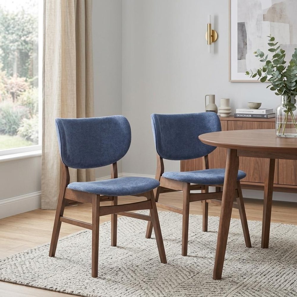 Set of Two Blue and Brown Fabric Open Back Dining Side Chairs HomeRoots