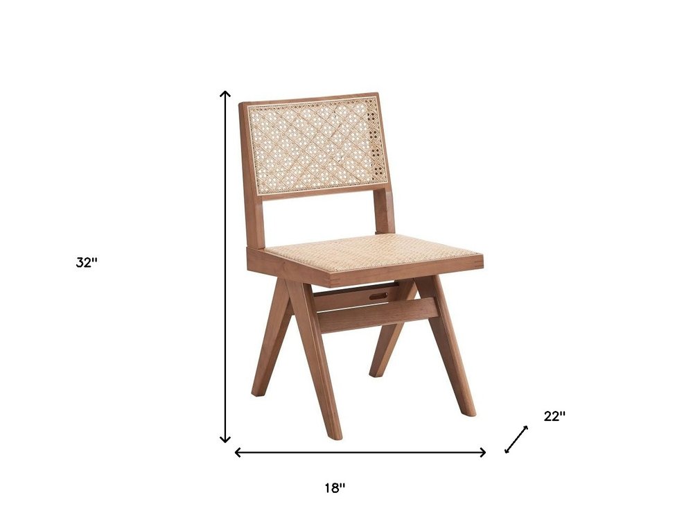 Set of Two Natural Solid Wood and Rattan Open Back Dining Side Chairs HomeRoots