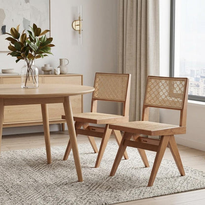 Set of Two Natural Solid Wood and Rattan Open Back Dining Side Chairs HomeRoots