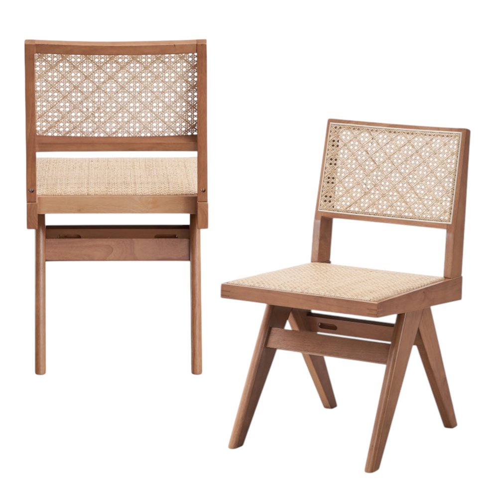 Set of Two Natural Solid Wood and Rattan Open Back Dining Side Chairs HomeRoots