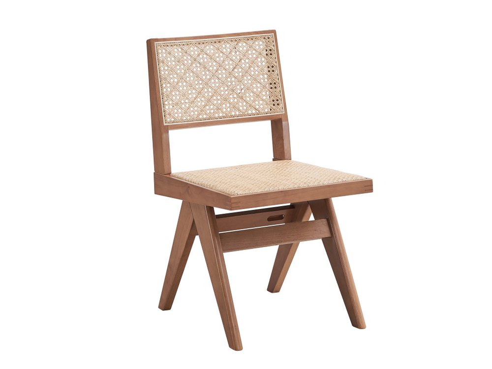 Set of Two Natural Solid Wood and Rattan Open Back Dining Side Chairs HomeRoots