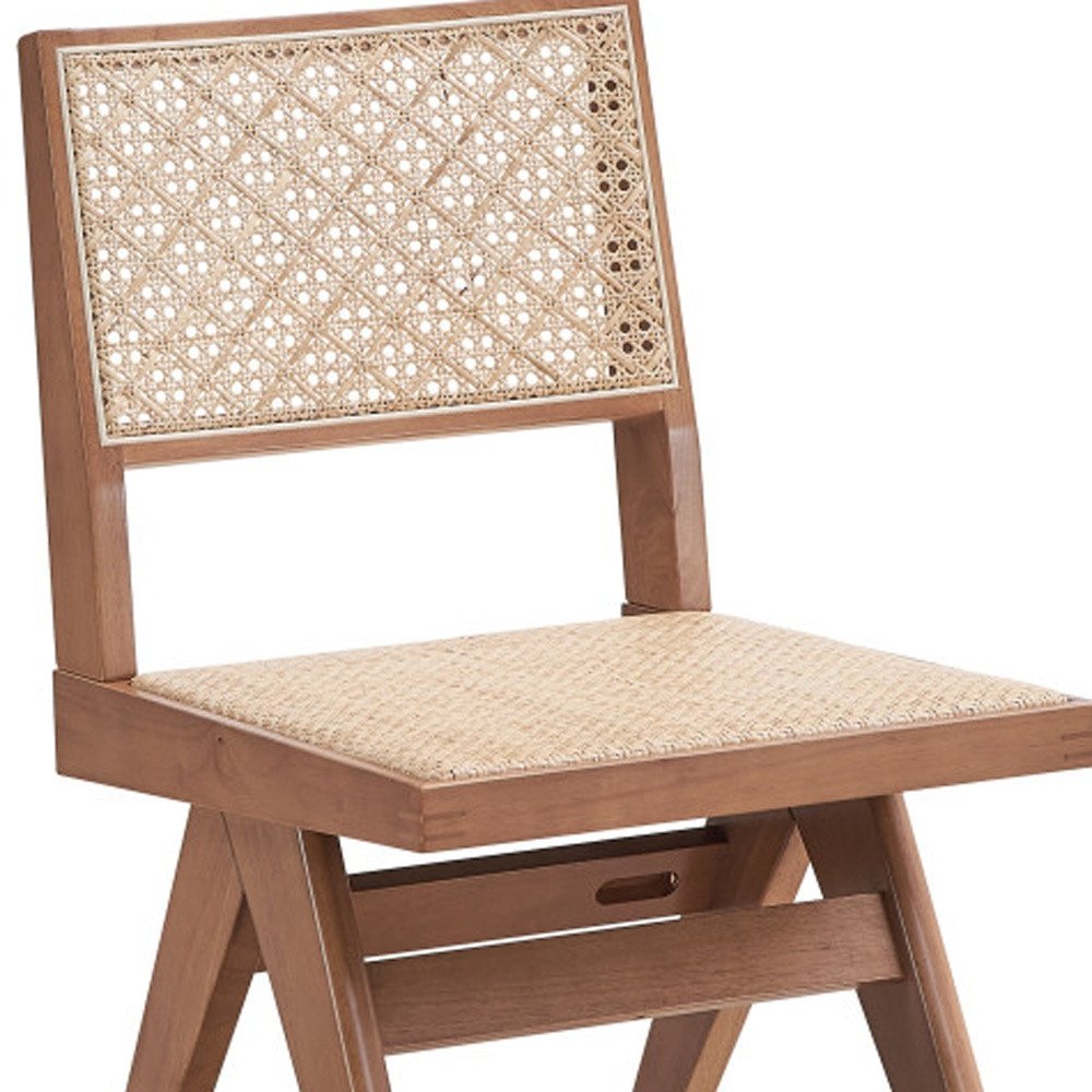 Set of Two Natural Solid Wood and Rattan Open Back Dining Side Chairs HomeRoots