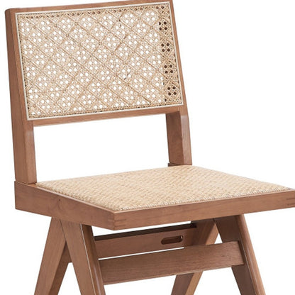 Set of Two Natural Solid Wood and Rattan Open Back Dining Side Chairs HomeRoots