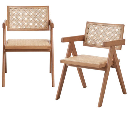 Set of Two Natural Solid Wood and Rattan Open Back Dining Arm Chairs HomeRoots