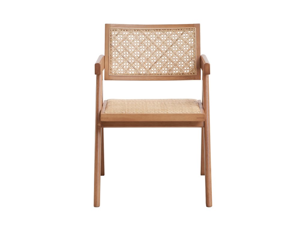 Set of Two Natural Solid Wood and Rattan Open Back Dining Arm Chairs HomeRoots