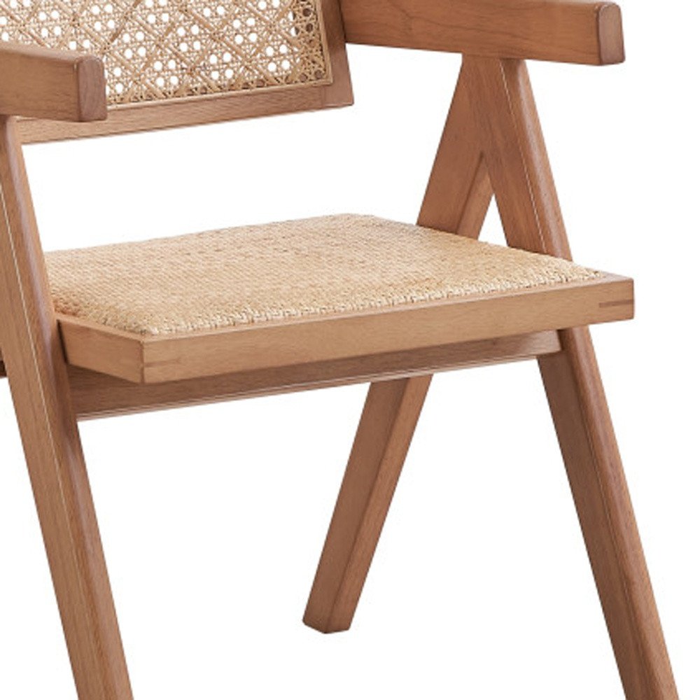 Set of Two Natural Solid Wood and Rattan Open Back Dining Arm Chairs HomeRoots