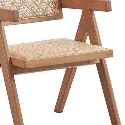 Set of Two Natural Solid Wood and Rattan Open Back Dining Arm Chairs HomeRoots