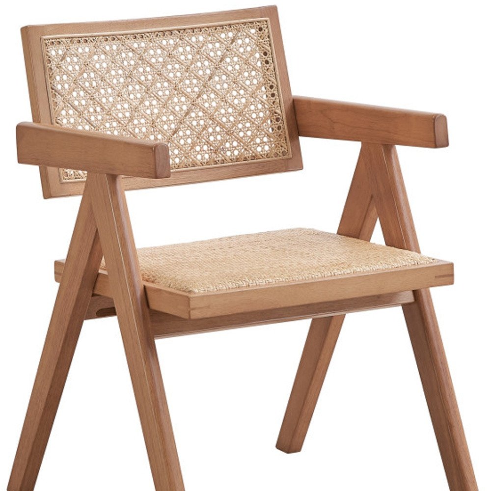 Set of Two Natural Solid Wood and Rattan Open Back Dining Arm Chairs HomeRoots