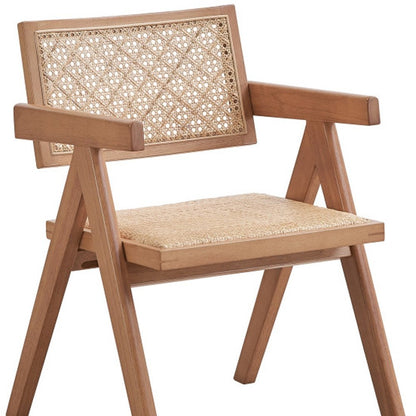 Set of Two Natural Solid Wood and Rattan Open Back Dining Arm Chairs HomeRoots