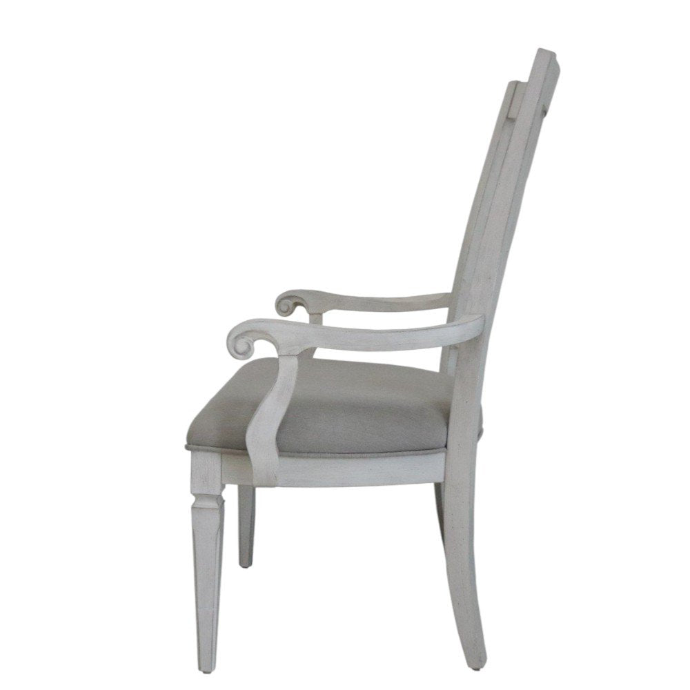 Set of Two Light Gray and White Upholstered Linen And Solid Wood Open Back Dining Arm Chairs HomeRoots