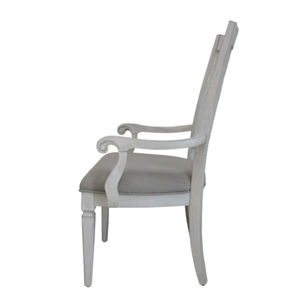 Set of Two Light Gray and White Upholstered Linen And Solid Wood Open Back Dining Arm Chairs HomeRoots