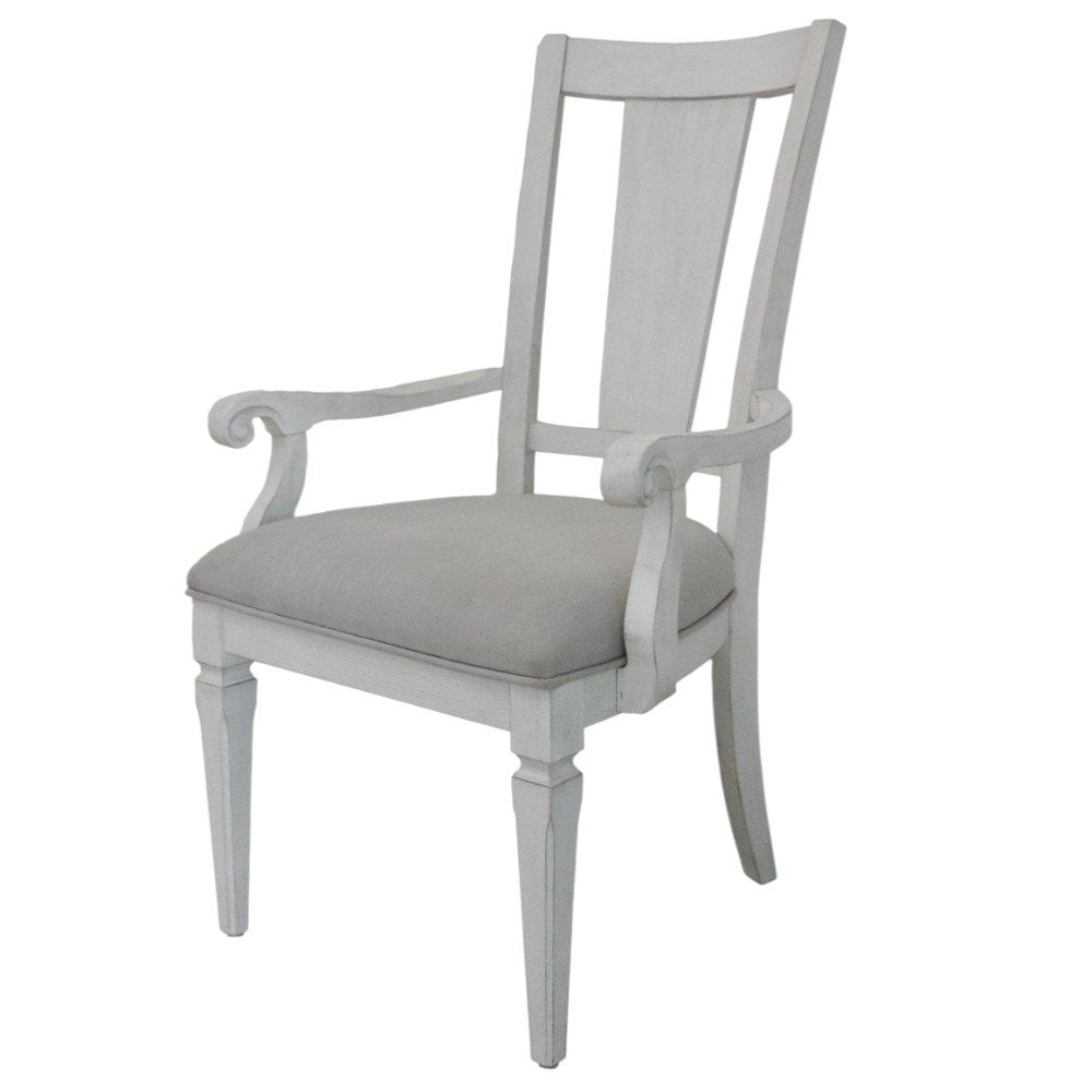 Set of Two Light Gray and White Upholstered Linen And Solid Wood Open Back Dining Arm Chairs HomeRoots