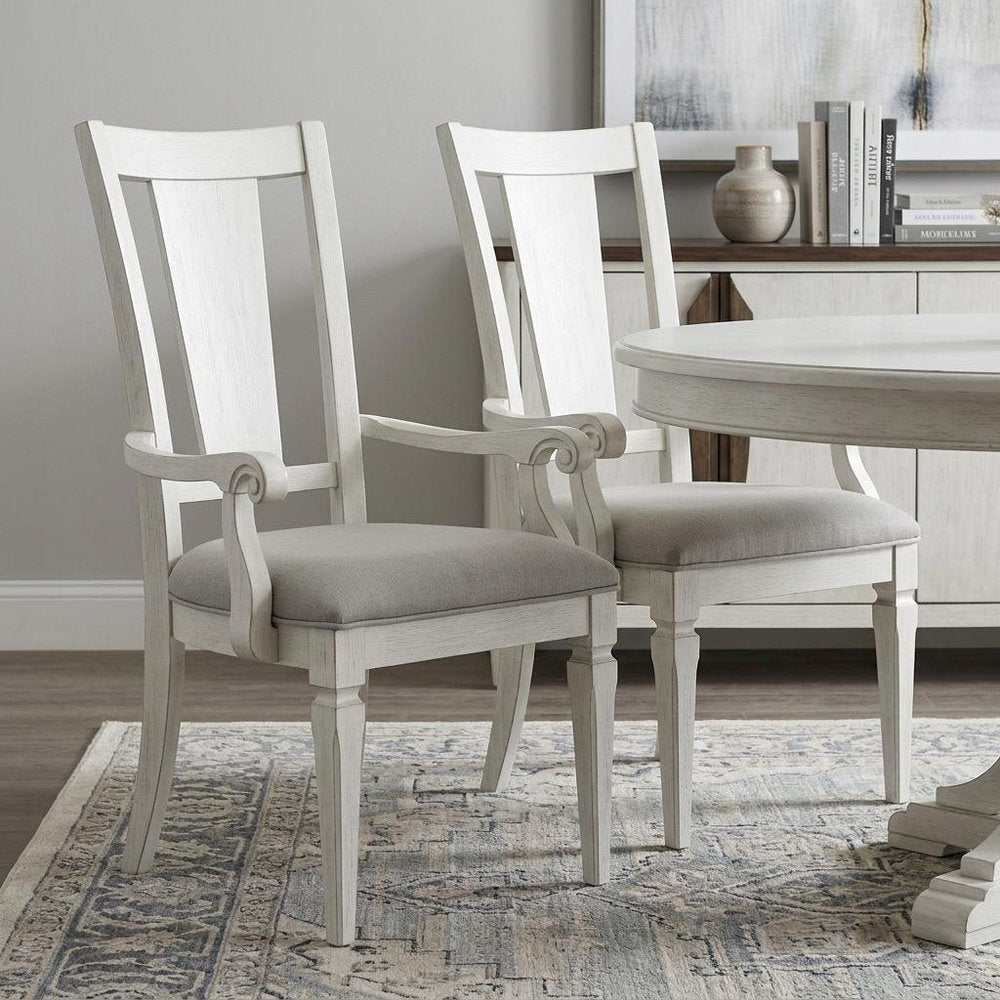 Set of Two Light Gray and White Upholstered Linen And Solid Wood Open Back Dining Arm Chairs HomeRoots